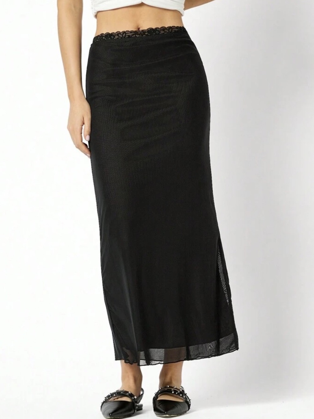 Black Lace-Trim Maxi Slip Skirt